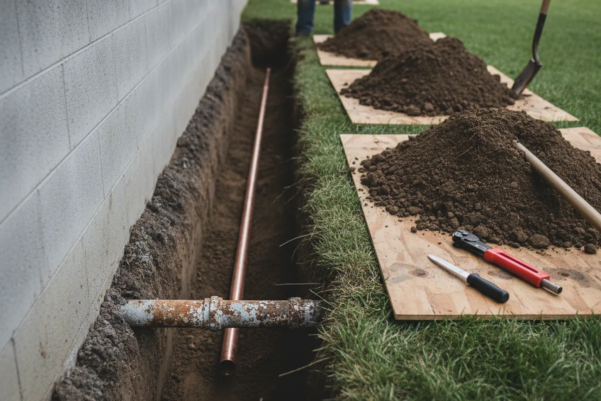 Excavated water line trench during Water Heater Repair in Red House